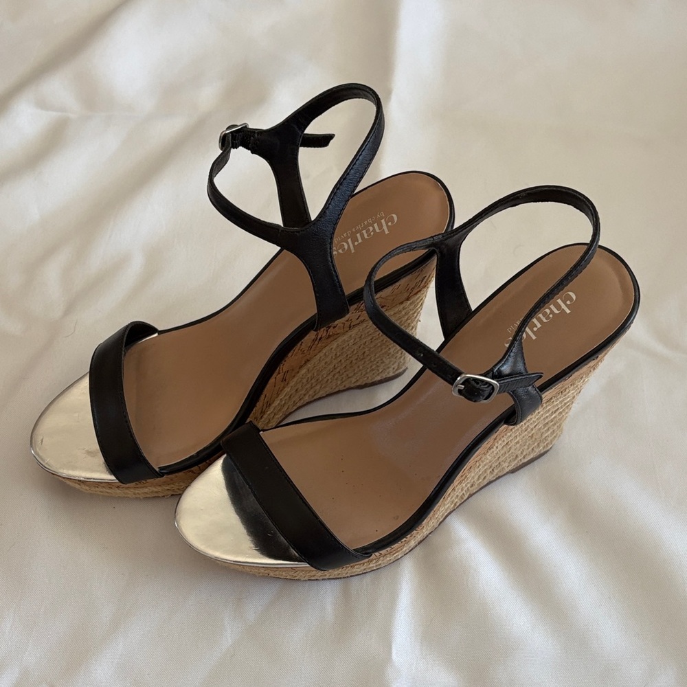 Charles by Charles David Black Wedge Sandals 5” heel with 1” platform toe